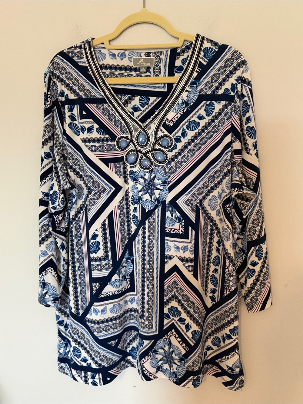 JM Collection Womens Printed V-Neck Tunic Beaded Accent Plus Size 1X Navy White